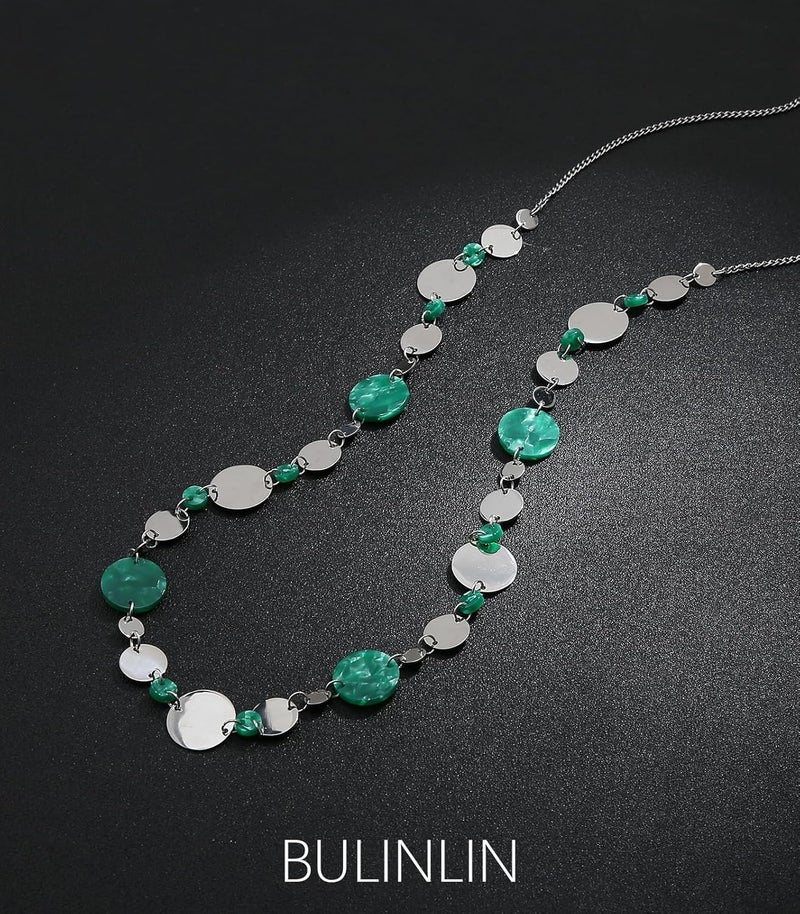 BULINLIN Layered Silver Long Necklace for Women Turquoise Stone Beaded Strand Sweater Chain Necklaces Fashion Costume Jewelry Gifts for Mom - Image 1